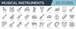 Set of 30 outline icons related to musical instruments. Linear icon collection. Editable stroke. Vector illustration