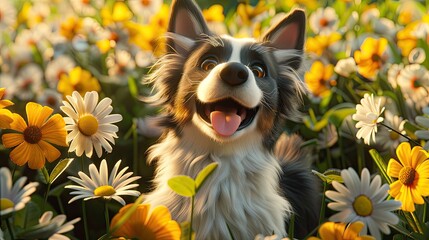 Cartoon style illustration. Border Collie dog stands in the flowers at sunset