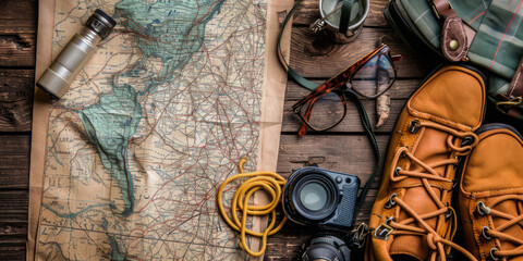 A map of the world is laid out on a table with a pair of brown shoes