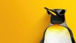   A penguin wearing sunglasses stands against a yellow wall with a shadow behind it