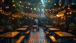 An atmospheric shot of a brewery beer garden on International Beer Day, with strings of fairy lights, communal tables, and fragrant hops vines climbing trellises, creating a visual
