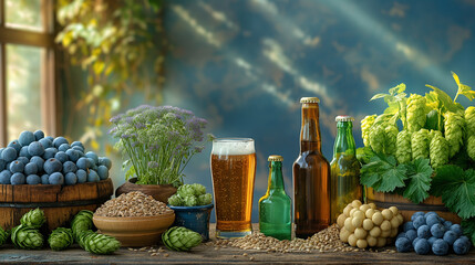 a visually stunning composition capturing the beauty of beer ingredients on international beer day, 