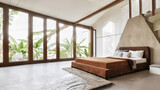 Fototapeta Sport - Modern contemporary loft style bedroom with tropical style garden view. Concrete floors of the room, Furnished with brown furniture