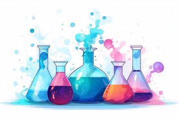 Chemistry lab glassware with colorful liquids and bubbles.