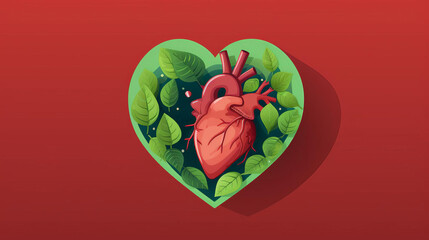 Aerial view of a cartoon heart, depicted in flat design, colored in healthy red, symbolizing heart health and general wellbeing