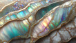 Mother of pearl ornamental surface. Colorful, iridescent, marble background with gold veining. 