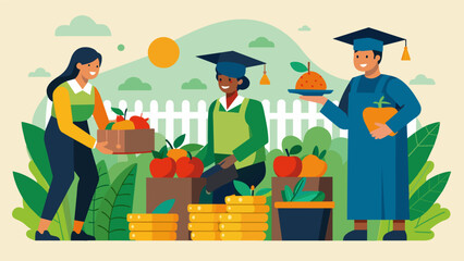 Wall Mural - A group of graduates create a community garden and sell produce at a nearby farmers market using the profits to chip away at their student loan debt.. Vector illustration