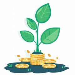 Wall Mural - illustration of green plant growing from a pile of coins, business finance sustainable, savings, green investment growth