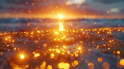 Poster -  Blurred picture of sunset with water surface featuring tiny lights