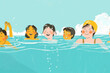 A group of individuals floating together in the water during a summer vacation at the beach