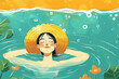 A woman in a straw hat is floating in a pool of water on a sunny day, enjoying her summer vacation by the beach