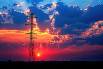 A tall power line tower is silhouetted against a beautiful sunset sky