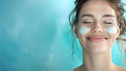 Wall Mural - Happy woman with eyes closed and glowing skin in skincare ad mockup. Concept Skincare Ad Mockup, Glowing Skin, Happy Woman, Eyes Closed, Beauty Products