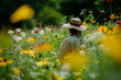 person in beekeeping suit amidst wildflowers