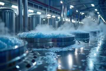 A surreal view of steam rising from large brewery vats in a factory with gleaming equipment