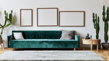 Fototapeta Sport - Interior design design with green velvet sofa, wooden furniture, cactuses, carpet, cube, copy space and poster frames.