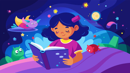 Wall Mural - A little girl curled up in bed holding an augmented reality book close to her face her room coming alive with vibrant colors and interactive. Vector illustration