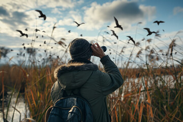 Birdwatcher observing wildlife in a lush wetland environment