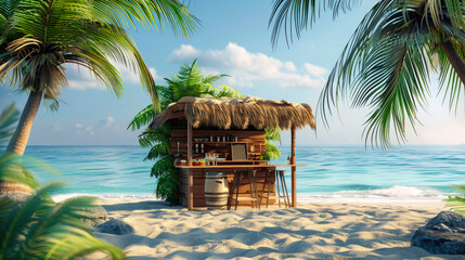 Wall Mural - 3d style simple beach stand, view from the front, beach in the background
