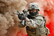 Portrait of a special forces soldier. The concept of military units. Explosion, smoke and fire.