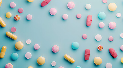 Wall Mural - Top down view of pharmaceutical pills. Colourful prescription tablets on a plain background. Copy space for text. Marketing healthcare banner with empty space