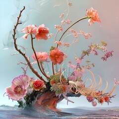 Sticker - AI generated illustration of vibrant pink and orange flowers in a vase