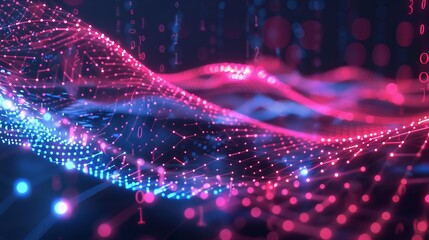 Wall Mural - A futuristic digital background showcases dynamic moving waves with glowing particles and lines, illustrating big data visualization in a vector illustration.