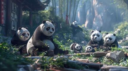 Wall Mural - A group of pandas spending quality time together. Generative AI realistic