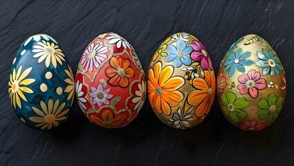 Wall Mural - Colorful Easter egg designs with floral patterns on black background for decor. Concept Floral Easter Eggs, Colorful Designs, Black Background, Decor Ideas