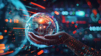 a person’s hand controls information flows, stock charts, computer program codes, video content streams on social networks against the backdrop of the globe, computer technology