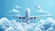 A vector illustration depicts an airplane amidst clouds, symbolizing travel and air transportation, suitable for booking services, travel agencies, and flight ticket promotions.