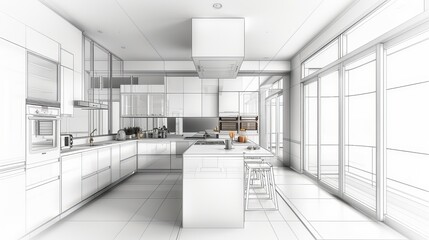 An abstract sketch design of an interior kitchen is rendered in 3D, offering a unique perspective on the space.