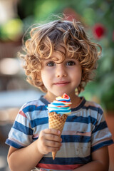 Cute boy child holding colorful cone ice cream, Summer deserts. High quality photo