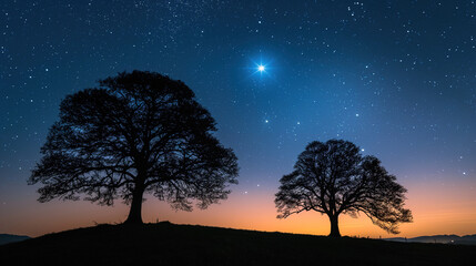 Wall Mural - two trees silhouetted against the night sky with stars, one tree is small and young, the other more 