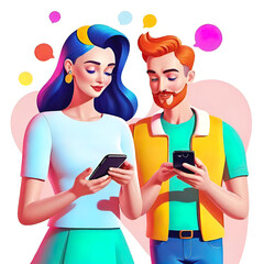 Wall Mural - A man and a woman use mobile phones, use the Internet, communicate. Characters with smartphones in their hands. Flat graphic, vector illustration