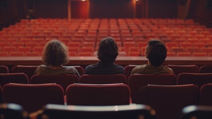 Wall Mural - Three people sitting in empty theater, rear view.

