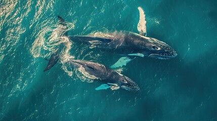 Wall Mural - Humpback whale and calf aerial drone shot sleeping on the surface of the ocean in Australia, New South Wales.