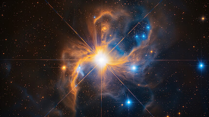 Wall Mural - bright, blue and orange star is centered in the frame against an expanse of stars, nebula cloud with