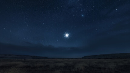 Wall Mural - starry night sky with the bright sirius star of bethlehem shining in the distance, illuminating an o