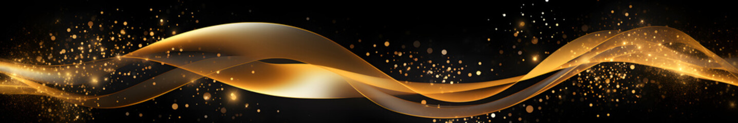 Wall Mural - Gold wave with sequins in black background space. Black large format banner