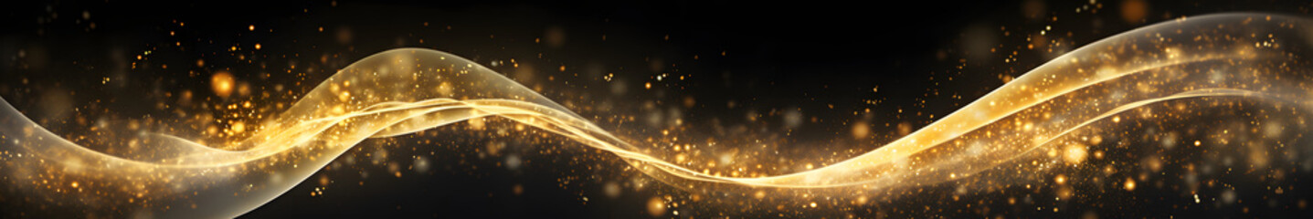Poster - Gold wave with sequins in black background space. Black large format banner
