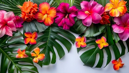 Tropical Garland of Flowers and Leaves on a White Background. Concept Spring Photoshoot, Floral Arrangements, White Background, Tropical Vibes, Nature-inspired Portrait