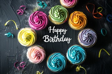 Wall Mural - Colorful cupcakes with colorful frosting on a black background, the text 