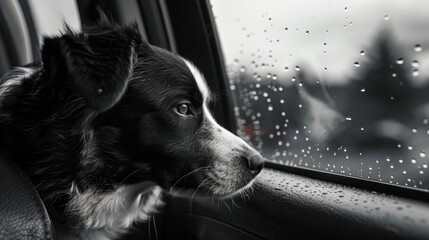 Wall Mural - Black and white dog is looking out the window ofcar realistic