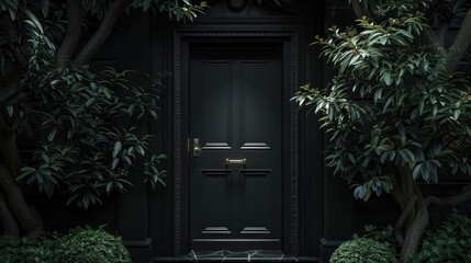 Wall Mural - Black front door of black house with trees realistic