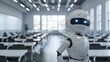 classroom of tomorrow: a sleek white humanoid robot stands in a classroom, symbolizing the integration of advanced robotics and artificial intelligence in modern educational settings
