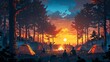 Serene Forest Campfire Gathering - Relaxing Nature Scene with Group of People Enjoying Campfire