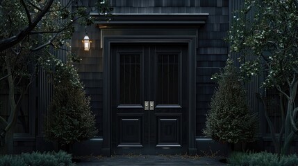 Wall Mural - Black front door of black house with trees realistic