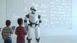humanoid robot teacher, classroom instruction, robot educating students, interactive learning, AI teaching, white robot in classroom, educational robot, student engagement, futuristic education, techn