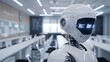 classroom of tomorrow: a sleek white humanoid robot stands in a classroom, symbolizing the integration of advanced robotics and artificial intelligence in modern educational settings